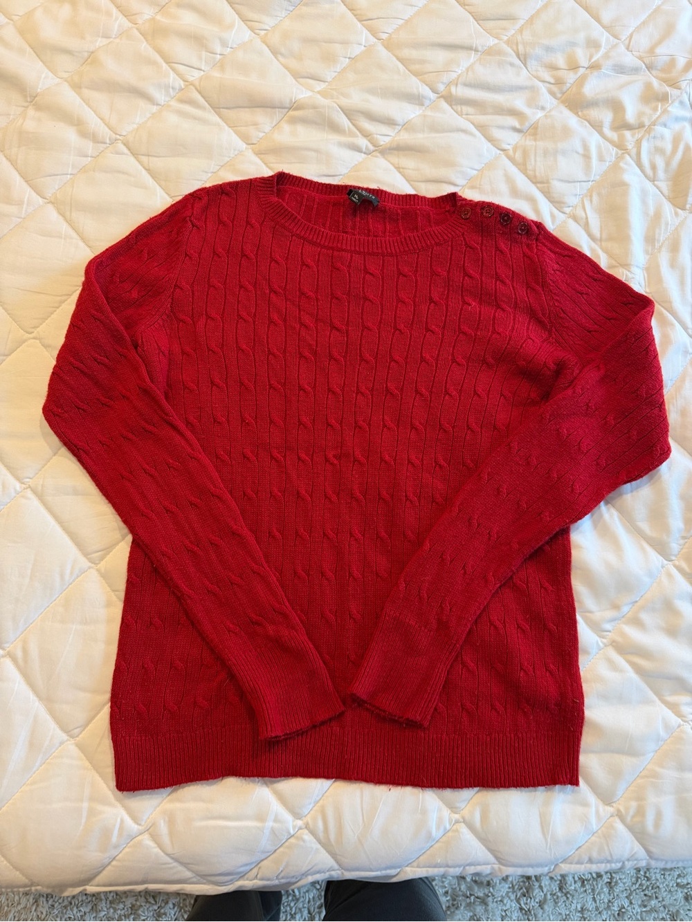 Talbots Red Cable-Knit Crewneck Sweater with Shoulder Buttons